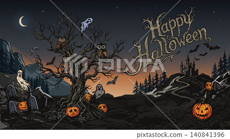 Happy Halloween calligraphy with dead tree, bats, owls, pumpkins, ghosts, haunted mansion, graveyard and sunset sky background Happy Halloween calligraphy with dead tree, bats, owls, pumpkins, ghosts, haunted mansion, graveyard and sunset sky background 140841396