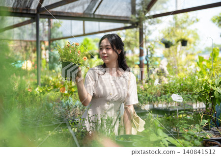 Happy asian woman visitor admiring a hanging plant while walking in greenhouse nursery garden center Happy asian woman visitor admiring a hanging plant while walking in greenhouse nursery garden center 140841512