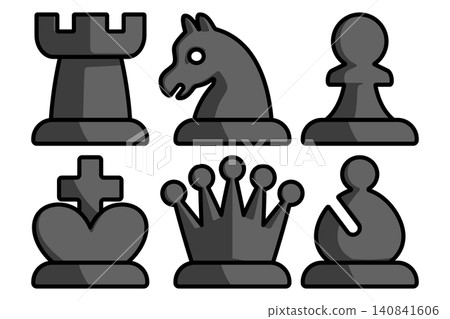 西洋棋棋子，全黑：兵、馬、象、車、後、王。可愛的圖示。 140841606
