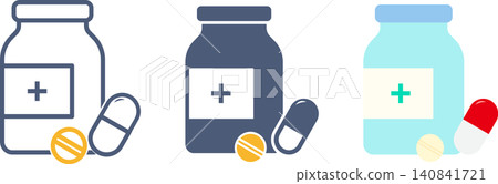 A set of tablet and capsule icon sets with pills rolling around in front of a bottle. A set of tablet and capsule icon sets with pills rolling around in front of a bottle. 140841721