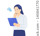 An illustration of a woman who is stuck at work and deep in thought, holding a tablet, and looking troubled. 140841770