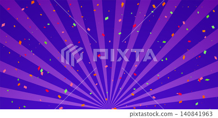 A purple sunburst background with colorful confetti fluttering in the air. A purple sunburst background with colorful confetti fluttering in the air. 140841963
