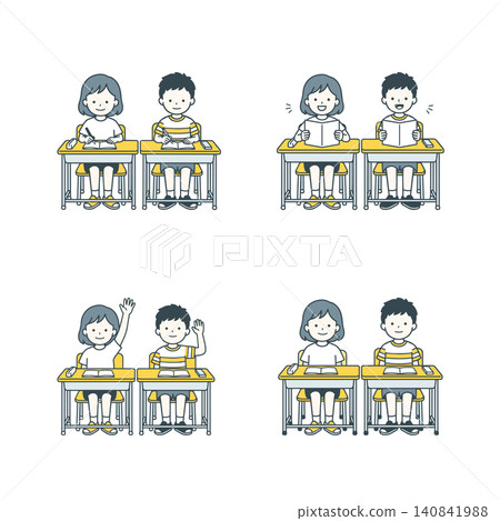 小學生上課時的情境:寫作、閱讀、舉手、安靜坐著。 小學生上課時的情境:寫作、閱讀、舉手、安靜坐著。 140841988