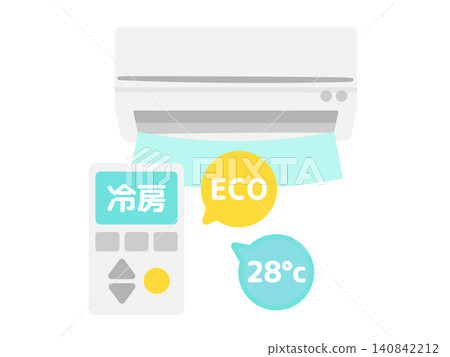 Air conditioner and cooling remote control set to 28°C (illustration) Air conditioner and cooling remote control set to 28°C (illustration) 140842212