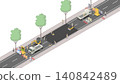 一張因施工而封閉的道路影像，以等距投影法繪製（純色背景）。 140842489