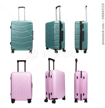 Green and pink travel bags set, suitcases on wheels, flight baggage, plastic luggage from different sides, isolated on white. Green and pink travel bags set, suitcases on wheels, flight baggage, plastic luggage from different sides, isolated on white. 140842519