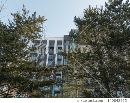 Bottom view on green pine and fire trees in modern residential complex. Bottom view on green pine and fire trees in modern residential complex. 140842555