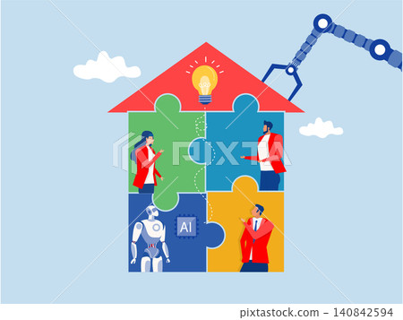 ai AI, Artificial Intelligence,robot new joiner to connect jigsaw puzzle,New joiner to fill in team and solve problem, teamwork to get solution, put right man in the right job to fit job 140842594