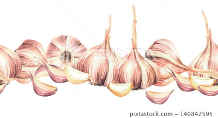 Watercolor Garlic seamless border. Plant's with stem, whole bulbs and cloves, fragrant vegetables food hot seasoning. Hand painted illustration isolated from background for packaging, kitchen pattern. Watercolor Garlic seamless border. Plant's with stem, whole bulbs and cloves, fragrant vegetables food hot seasoning. Hand painted illustration isolated from background for packaging, kitchen pattern. 140842595