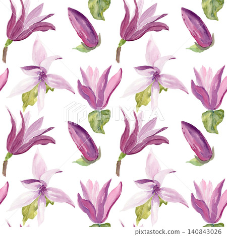 Watercolor seamless pattern with pink magnolia flowers, buds and green leaves on white background. Botanical floral repeat in soft purple tones for fabric, wallpaper, wrapping paper and textile design 140843026