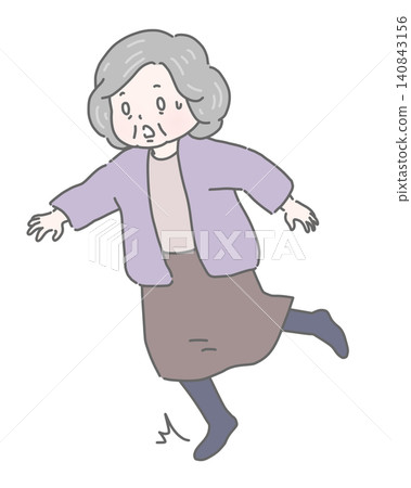 An elderly woman nearly falls indoors. An elderly woman nearly falls indoors. 140843156