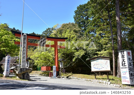 滋賀縣大津市日吉大社的紅色鳥居和翠綠的植物。 滋賀縣大津市日吉大社的紅色鳥居和翠綠的植物。 140843250