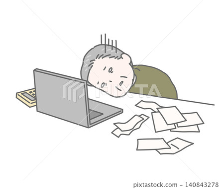 一位老人在電腦上填寫報稅表時筋疲力盡。 一位老人在電腦上填寫報稅表時筋疲力盡。 140843278
