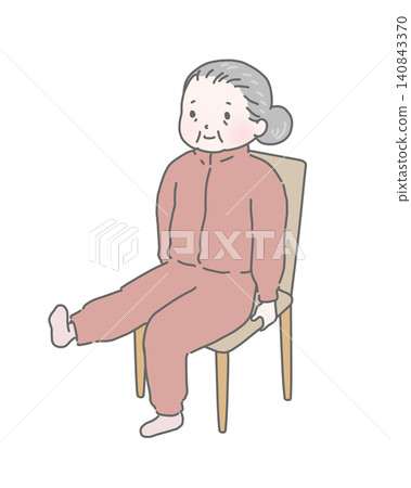 An elderly woman doing leg raises while sitting in a chair. An elderly woman doing leg raises while sitting in a chair. 140843370