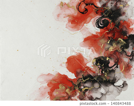 A dynamic Japanese-style background on the right features swirling watercolors of vermilion, black ink, and gold powder. A dynamic Japanese-style background on the right features swirling watercolors of vermilion, black ink, and gold powder. 140843488