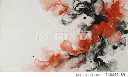 A dynamic Japanese-style background on the right features swirling watercolors of vermilion, black ink, and gold powder. 140843489