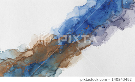 White Japanese paper with a background of sapphire blue and copper-colored watercolors flowing diagonally. White Japanese paper with a background of sapphire blue and copper-colored watercolors flowing diagonally. 140843492