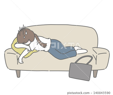 A woman in a short-sleeved shirt is slumped over on a sofa. 140843590