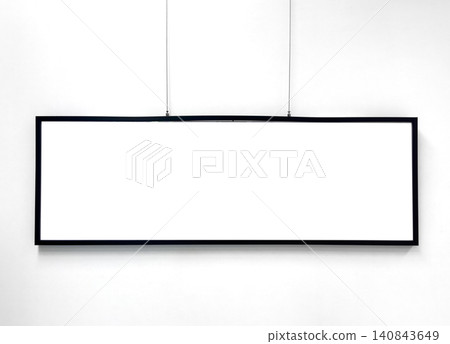 Long horizontal frame hangs on wall with empty blank space. Minimal mock up design allows insertion of artwork into clean template. Interior concept reflects presentation, display, Long horizontal frame hangs on wall with empty blank space. Minimal mock up design allows insertion of artwork into clean template. Interior concept reflects presentation, display, 140843649