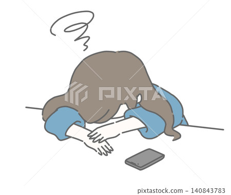 A woman slumps over her desk, exhausted from looking at her smartphone. A woman slumps over her desk, exhausted from looking at her smartphone. 140843783