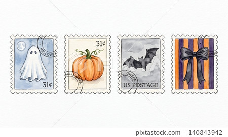 Set of four decorative halloween postage stamps featuring watercolor illustrations of a ghost pumpkin bat and striped bow on a white background Set of four decorative halloween postage stamps featuring watercolor illustrations of a ghost pumpkin bat and striped bow on a white background 140843942