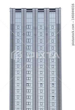Tall building facade shows vertical grid pattern in minimal design. Modern architecture rises against clear background with symmetry. Urban concept reflects development, structure, Tall building facade shows vertical grid pattern in minimal design. Modern architecture rises against clear background with symmetry. Urban concept reflects development, structure, 140844016