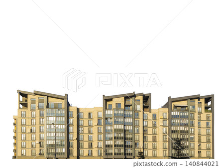 Modern residential complex stands with multiple apartment buildings in row. Contemporary housing architecture forms urban development with clean facade. Real estate concept Modern residential complex stands with multiple apartment buildings in row. Contemporary housing architecture forms urban development with clean facade. Real estate concept 140844021