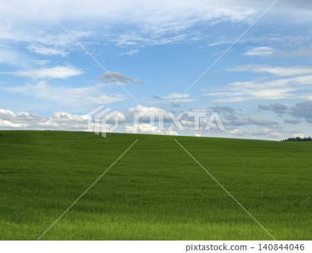 Green field meets blue sky with clouds on horizon line. Open landscape shows simple natural composition with wide space. Concept reflects freedom, nature, calm outdoor environment Green field meets blue sky with clouds on horizon line. Open landscape shows simple natural composition with wide space. Concept reflects freedom, nature, calm outdoor environment 140844046
