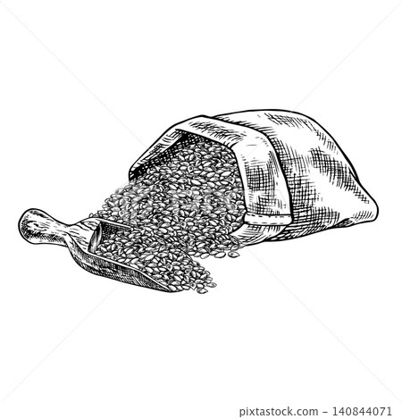 Seeds in a burlap bag and wooden scoop. Black and white, graphic, vector, hand-drawn illustration. Element of label and packaging design, as well as banners, posters, and more Seeds in a burlap bag and wooden scoop. Black and white, graphic, vector, hand-drawn illustration. Element of label and packaging design, as well as banners, posters, and more 140844071