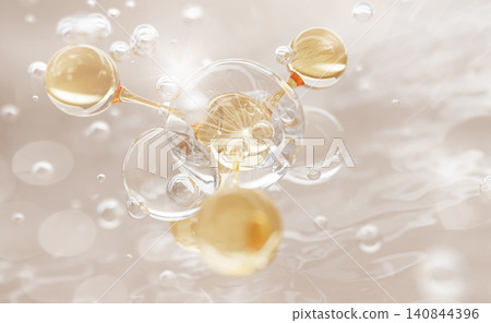 Bio cosmetic lab 3d background with gold molecule in liquid transparent bubble. Collagen peptide serum drops with hyaluronic acid for glowing skin. Hair oil with argan and biotin. 3D illustration Bio cosmetic lab 3d background with gold molecule in liquid transparent bubble. Collagen peptide serum drops with hyaluronic acid for glowing skin. Hair oil with argan and biotin. 3D illustration 140844396