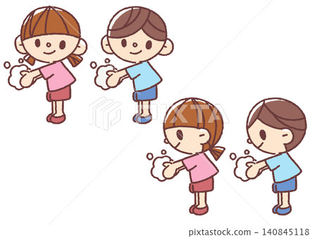 一組簡單可愛的男孩女孩洗手插圖（全身像）。 140845118
