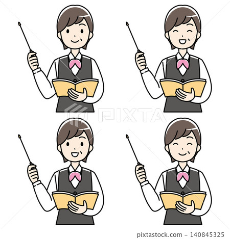 An illustration of a veteran woman in uniform explaining something with a pointer stick. 140845325