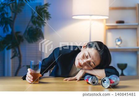 A woman enjoying a drink and feeling pleasantly drunk. (Keywords: alcohol, beer, izakaya, drinking at home, drunk, smile, woman, euphoria, feeling good) A woman enjoying a drink and feeling pleasantly drunk. (Keywords: alcohol, beer, izakaya, drinking at home, drunk, smile, woman, euphoria, feeling good) 140845481