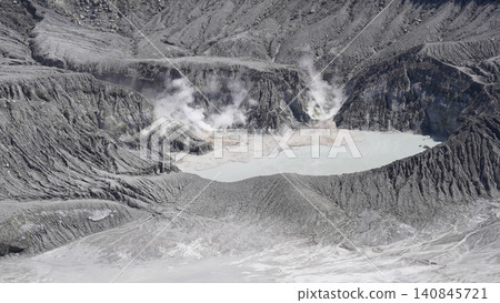 Volcanic Crater Landscape with White Lake and Steam Volcanic Crater Landscape with White Lake and Steam 140845721