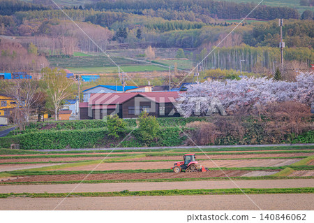 A fertile landscape where beautiful cherry blossoms and retro buildings stand, tractors diligently working in the fields, and a spring scene in the northern country. A fertile landscape where beautiful cherry blossoms and retro buildings stand, tractors diligently working in the fields, and a spring scene in the northern country. 140846062