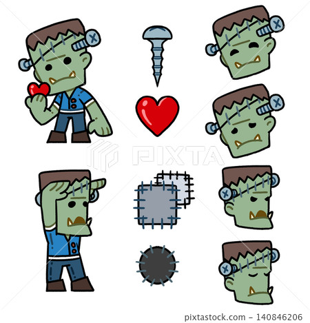 Cute Halloween Frankenstein (monster) chibi character set with facial expressions and accessories. Cute Halloween Frankenstein (monster) chibi character set with facial expressions and accessories. 140846206