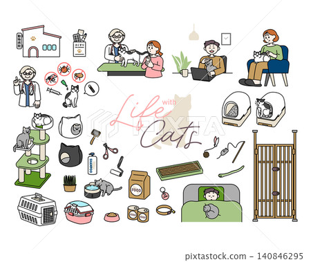 A set of color illustrations depicting life with cats. A set of color illustrations depicting life with cats. 140846295