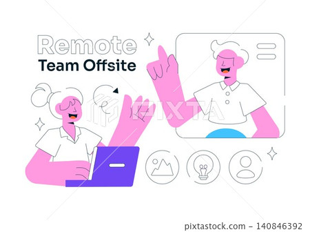 Remote Team Offsite Illustration Featuring Virtual Team Collaboration, Online Meeting, Video Conference, Remote Communication, and Digital Workspace Remote Team Offsite Illustration Featuring Virtual Team Collaboration, Online Meeting, Video Conference, Remote Communication, and Digital Workspace 140846392