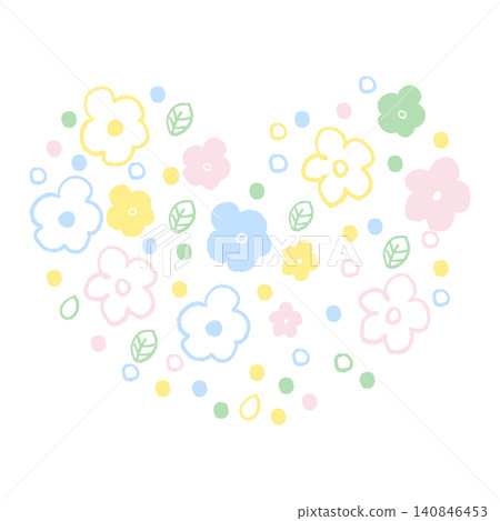 A heart-shaped arrangement of hand-drawn flowers and leaves in soft colors. A heart-shaped arrangement of hand-drawn flowers and leaves in soft colors. 140846453