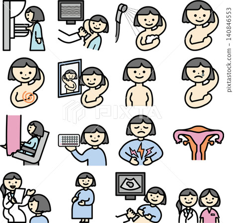 A set of color illustrations for breast cancer, cervical cancer, uterine cancer, prenatal checkups, and gynecological examinations. A set of color illustrations for breast cancer, cervical cancer, uterine cancer, prenatal checkups, and gynecological examinations. 140846553