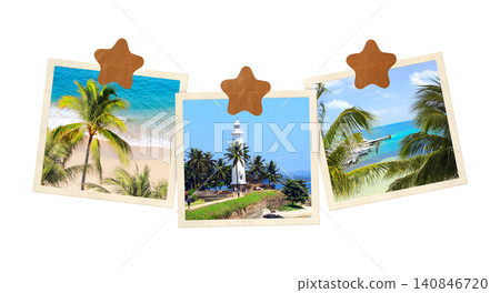 Travel and relax concept. Three photo frame with photo of palm, sand and ocean waves. Vintage style mood board layout. Isolated on white background. Topic of vacation, travel, trip, cruises, tour Travel and relax concept. Three photo frame with photo of palm, sand and ocean waves. Vintage style mood board layout. Isolated on white background. Topic of vacation, travel, trip, cruises, tour 140846720