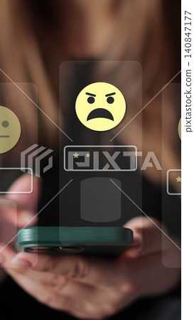 Vertical video Woman holds smartphone giving good review at cafe. Close up on female hand holding smartphone rating of the quality of service,store, service and social networks. Graphic animation. Vertical video Woman holds smartphone giving good review at cafe. Close up on female hand holding smartphone rating of the quality of service,store, service and social networks. Graphic animation. 140847177