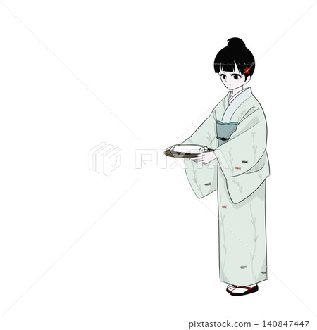 一位身穿和服的女子端來一盤熱毛巾──這是日本傳統旅館熱情好客的象徵。 一位身穿和服的女子端來一盤熱毛巾──這是日本傳統旅館熱情好客的象徵。 140847447