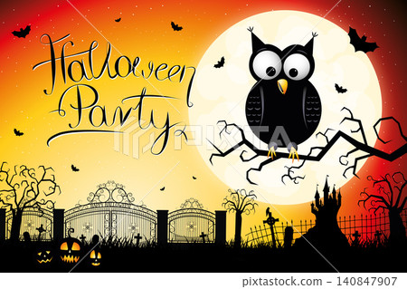 Halloween party poster/ banner with and owl sitting on a branch Halloween party poster/ banner with and owl sitting on a branch 140847907