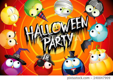 Halloween party poster/ banner with colorful owls in fancy dress Halloween party poster/ banner with colorful owls in fancy dress 140847909