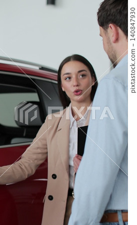Vertical video Car saleswoman showing to young couple new automobile at dealership salon. Concept of car shopping, buying, and dealership. Vertical video Car saleswoman showing to young couple new automobile at dealership salon. Concept of car shopping, buying, and dealership. 140847930