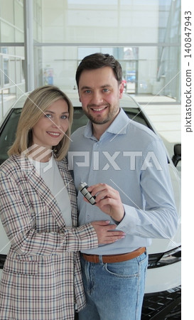 Vertical video Beautiful couple is holding a key of their new car, looking at camera and smiling. Concept of car shopping, buying, and dealership. Vertical video Beautiful couple is holding a key of their new car, looking at camera and smiling. Concept of car shopping, buying, and dealership. 140847943