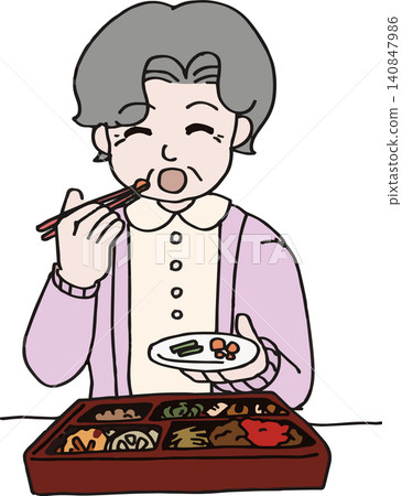 一位老年人面帶微笑地享用送餐上門服務(送餐服務)的插圖(向量圖)。 一位老年人面帶微笑地享用送餐上門服務(送餐服務)的插圖(向量圖)。 140847986