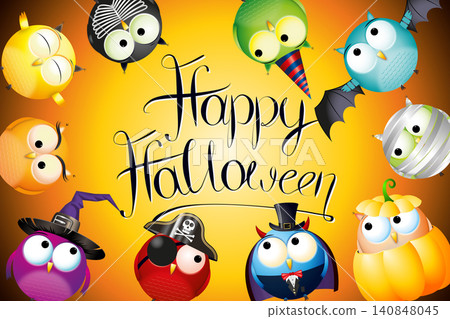 Happy Halloween card with cartoon owls Happy Halloween card with cartoon owls 140848045