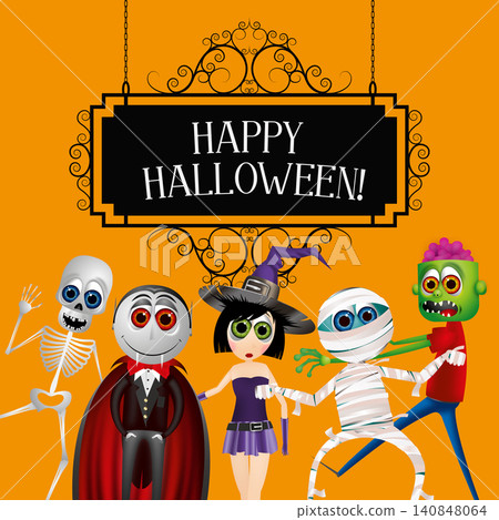 Happy Halloween card with Dracula, mummy, skeleton, witch and zo Happy Halloween card with Dracula, mummy, skeleton, witch and zo 140848064
